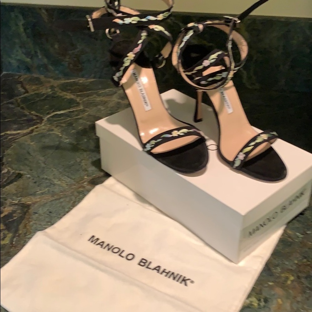 Manolo Blahnik black embroidered strappy heels